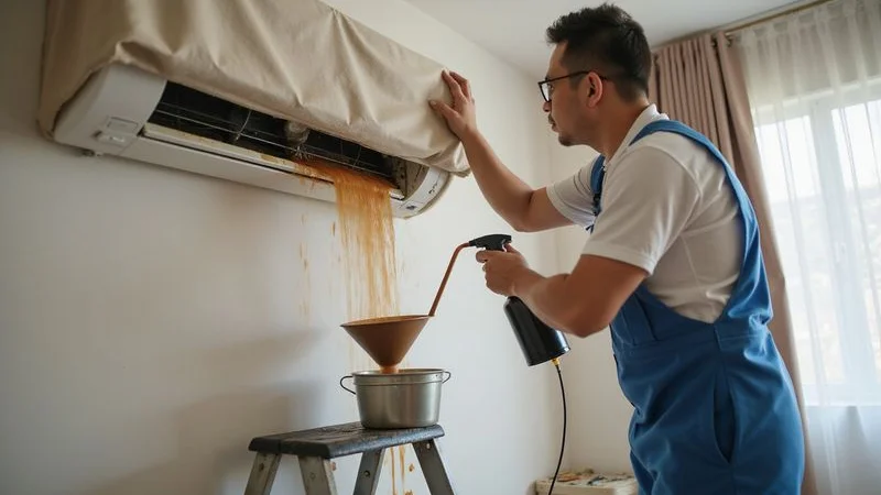 Technician performing canvas method chemical wash on wall mounted aircond unit catching dirty water in protective sheeting